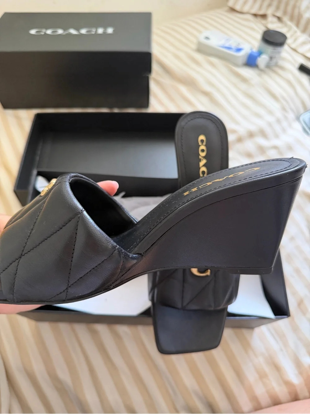 COACH Black Quilted Leather Slide Mules with Gold 'C' Hardware (run small)